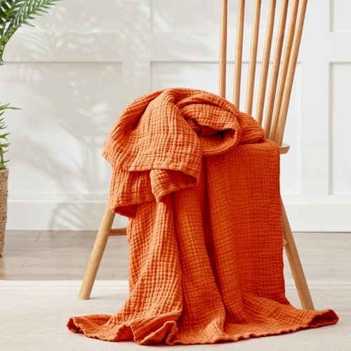 Image of 100% Cotton Muslin Blanket Large 50 inchx 70 inch, 6 Layers Breathable and Lightweight Cotton Throw Blankets for Couch, Soft Cooling Summer Gauze Blanket for Adults All Season, Orange