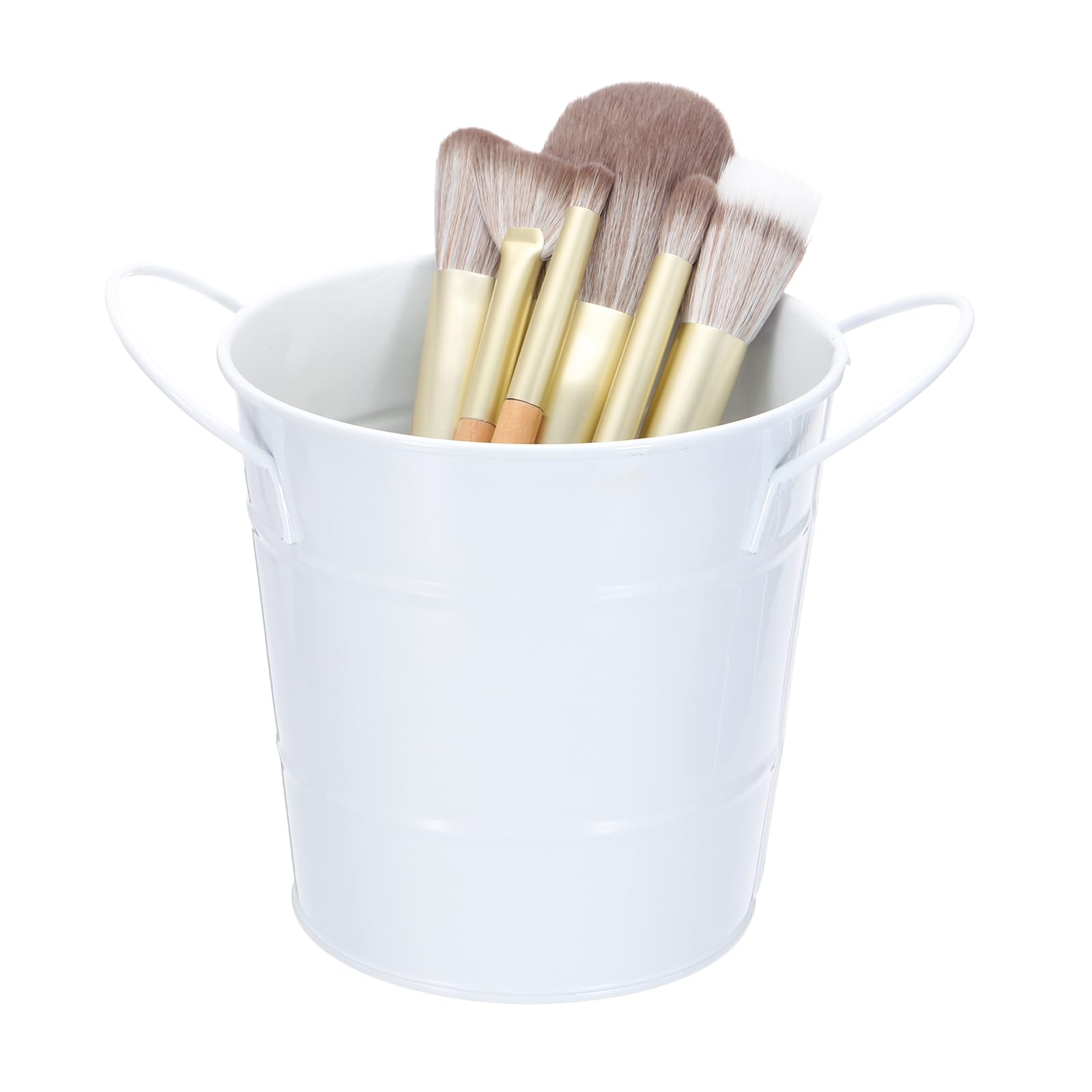 sourcing map Makeup Brush Holder Organizer with Handle, 3.5x4.4 inch Metal Pen Holder Small Desktop Organizer for Home Desktop Make Up Brushes Stationery Storage, White