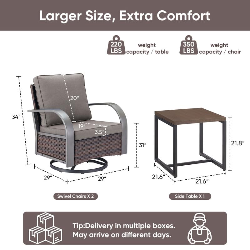 Image of 3 Piece Outdoor Patio Wicker Swivel Rocker Chairs with Table, Grey Cushion | Metal Wide Armrest, Wicker Outdoor Furniture Set, Water-Resistant, Fade-Resistant, Removable Cover, Stain-Resistant