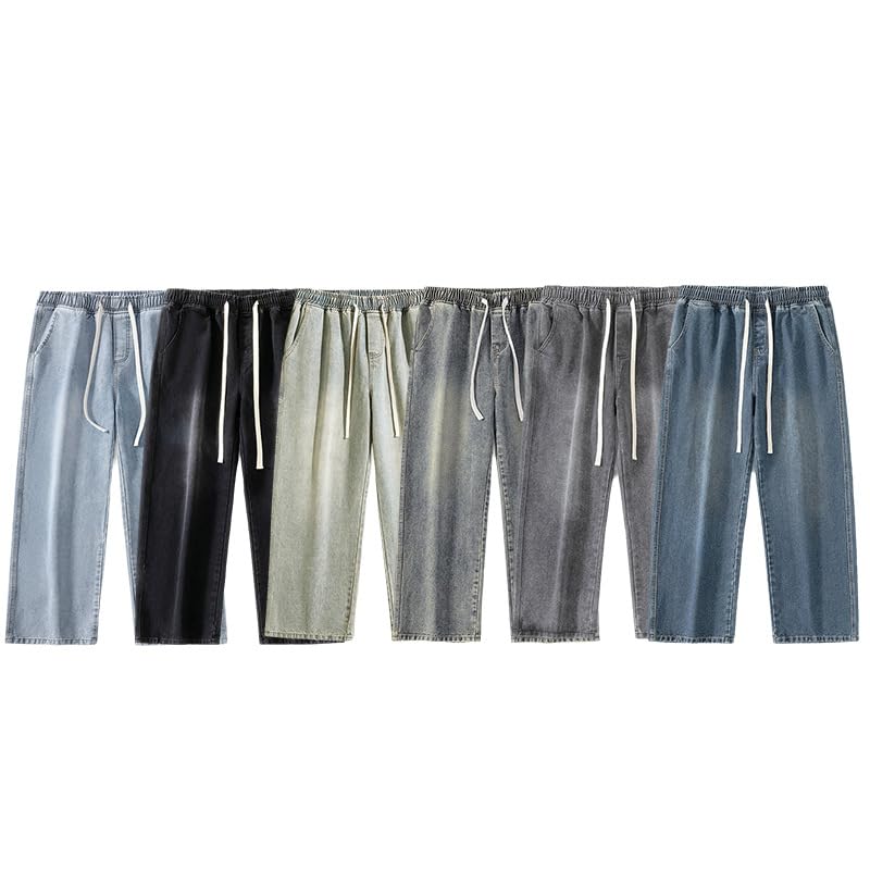 Men's Spring Jeans Straight Drawstring Waist Denim Casual Pants2