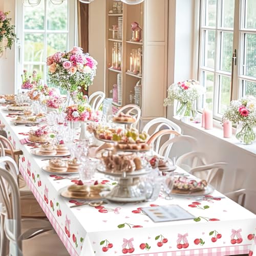 Image of Ganeen 3 Pcs Pink Bow Cherry Tablecloths Cherry Birthday Decorations Disposable Plastic Bow Rectangle Table Cover Waterproof for Birthday Baby Shower Mother's Day Wedding Party Supplies, 54 x 108 Inch