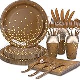 Brown and Gold Party Decorations, Brown Plates and Napkins Party Supplies 175Pcs Terracotta Paper Plates for Mexicanos Birthday Holiday, Serves 25