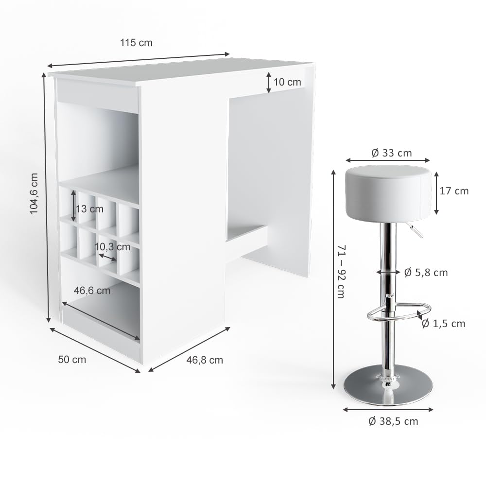 Vicco Set de Table de Bar Ross, Blanc, 115x50cm