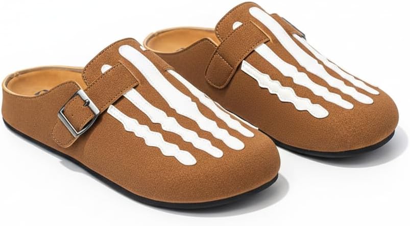 Gothic Faux Suede Slip On Mules for Men Casual Indoor Outdoor Streetwear Clogs with Funny Skeleton Bone Graphic and Adjustable Buckle Strap