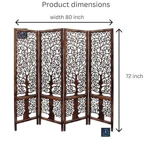 Image of Wooden Room Partition /Screen /Room Divider /Room Separator Traditional Handicrafts 6Ft (Dark Brown) (Tree 4 Panel)