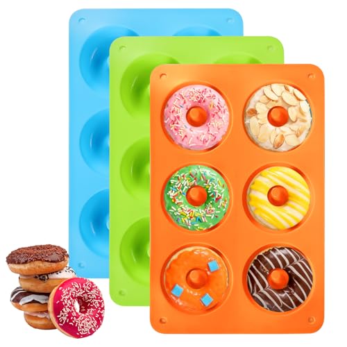 Acootruing Silicone Donut Moulds for Baking 6 Cavity Silicone Donut Mould Non-Stick 3 Pcs Donut Tray Donut Pan for Baking Donuts Muffins Bagels Cookies Cakes Blue Green Orange