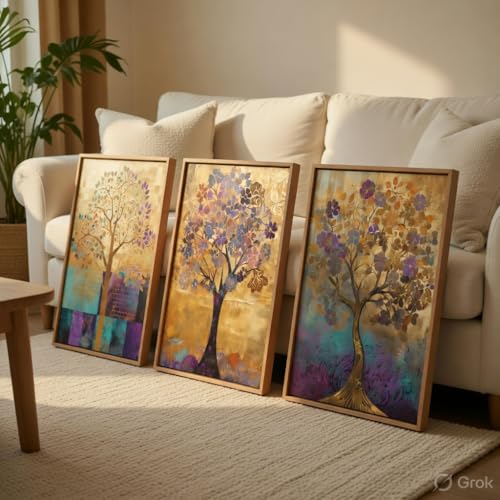 Image of Livin'luxe Abstract Tree Wall Painting Set of 3 with Wooden Frames | Modern Golden Tree Artwork HD Sparkle Laminated MDF Wall Decor | Elegant Nature Tree Wall Art for Living Room Bedroom