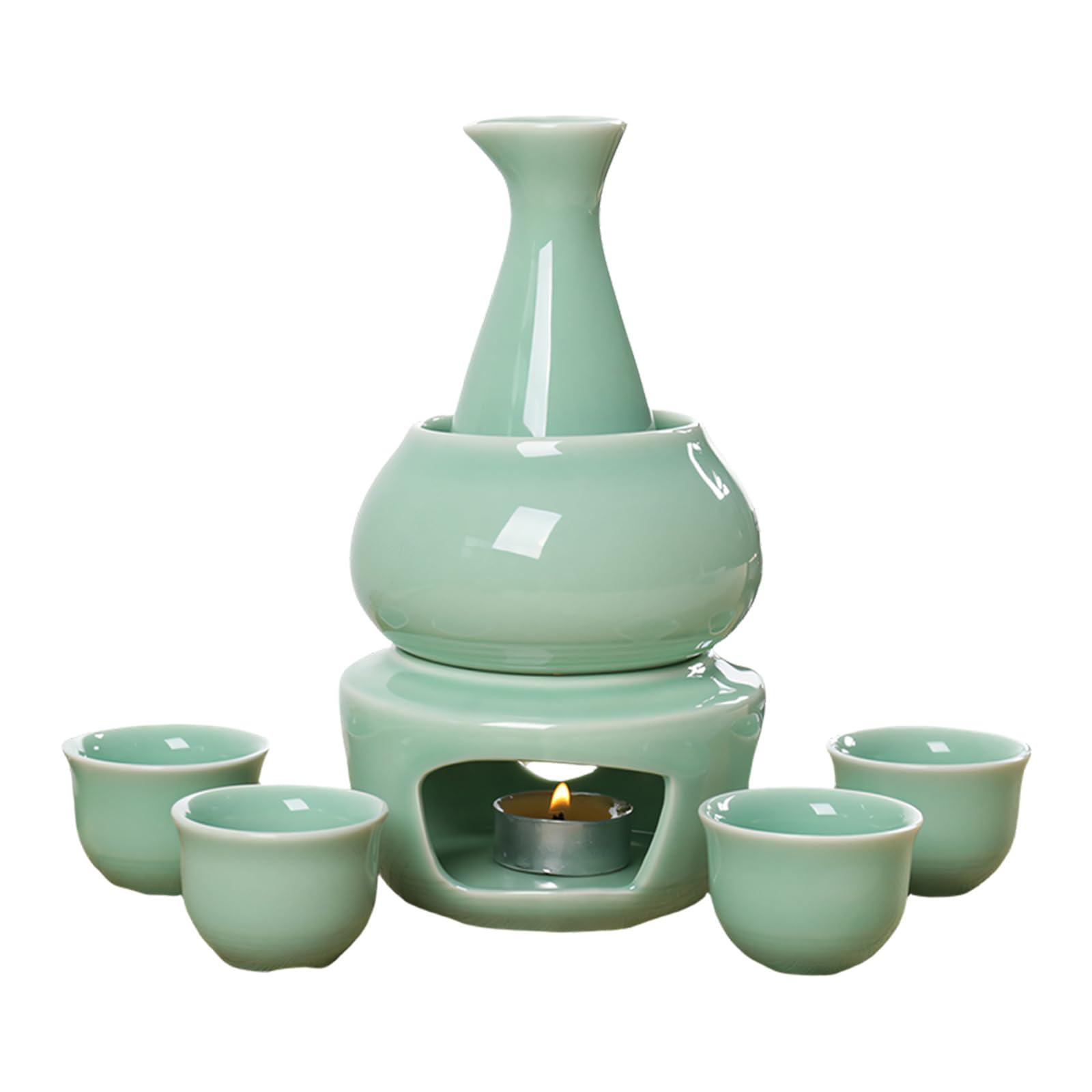 Shntig Ceramic Sake Set with Sake Carafe Bottle Warmer Stove and 4 Cups for Family Gatherings and Parties Serving Gift Ceramic Japanese Set