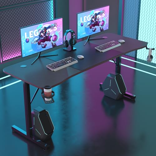 Gaiming Tisch 180cm Gaming Schreibtisch Gamer Computertisch Ergonomischer PC Schreibtisch mit Kabelaufbewahrungsbox, Getränkehalter und Kopfhörerhalter T-förmiger (Schwarz, 180 x 60 x 75 cm) – Bild 3