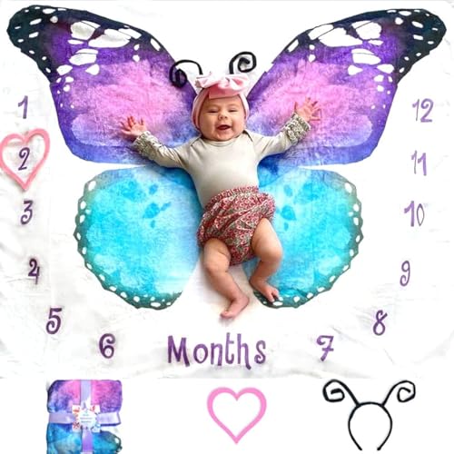 Image of Evovee Baby Monthly Milestone Blanket Girl Boy Unisex Gender Neurtal Month Age Photo Photography Backdrop Newborn Props Nursery Decor Fleece Marker New Moms - Butterfly