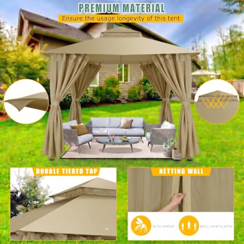 Image of COBIZI 10x10 FT Outdoor Gazebo, Soft Top Patio Gazebo with Ventilated Double-Tier Roof, Heavy-Duty Metal Frame Canopy with Removable Privacy Curtains for Backyard, Garden, Lawn, Khaki