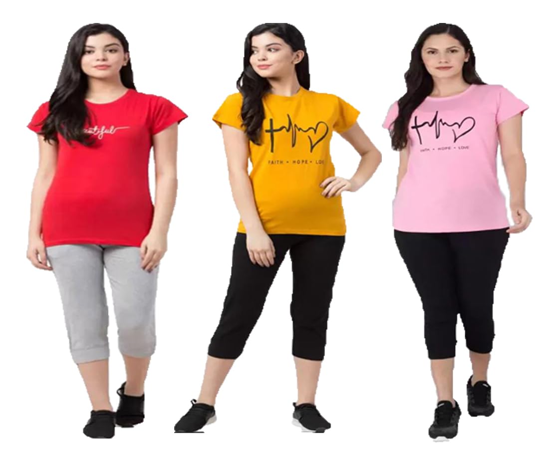 py pinkyou Women's Printed Cotton Round Neck and Half Sleeve T-Shirt and Capri Bottom Set Attractive Look Comfy and Stylish and Casual Purpose-picture-10