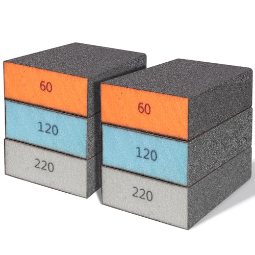 BOSHCRFAT 6 Pack Sanding Sponge, Washable and Reusable Sanding Block for Wood Drywall Metal Glasses Coarse/Medium/Fine/Superfine in 60/120/220 Grit Sandpaper Block