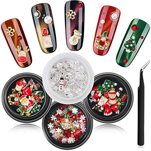 4 Boxes Christmas Nail Rhinestones 3D Nail Decorations Mix Studs Diamond Beads Nail Glitter Gems Snowflake Christmas Santa Snowman Rhinestones with Metal Tweezers for Nail Art Decorations