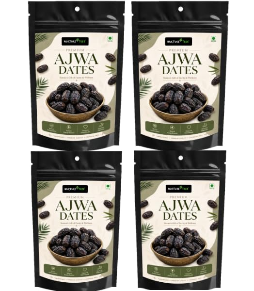 Image of Nurture Tree Premium Saudi Ajwa Dates (Khajoor /Khajur) 250gm Pack of 4,100% Natural Soft and Delicious Arabian Dates in Fresh, Khajur Dry Fruits, No Artificial Colours, Gluten Free, No Added Sugars