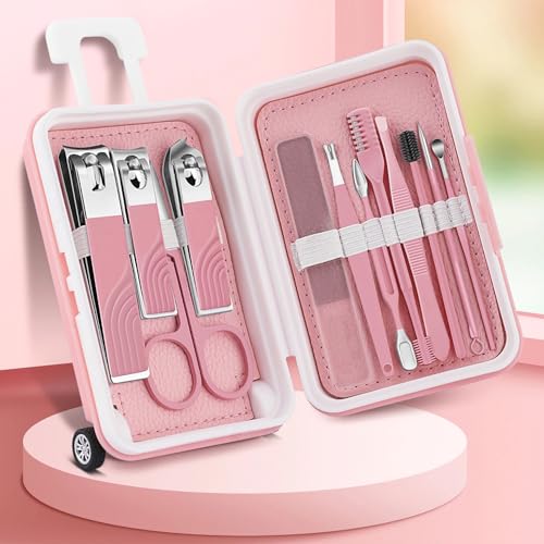 Glamne Nail Clippers for Women, 12cs Women's Grooming Kit, Multi-Purpose Manicure Pedicure Facial Tools Include Nail Clippers, Scissors, Tweezers with Mini Suitcase(Pink) - Image 3