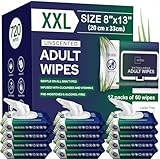 Adult Wipes For Elderly - 8'x13' 720ct (12 Packs of 60) Huge & Soft Non-Flushable Body Wipes For Adults Bathing No-Rinse - Incontinence Disposable Washcloths, Vitamin E & Aloe Infused Shower