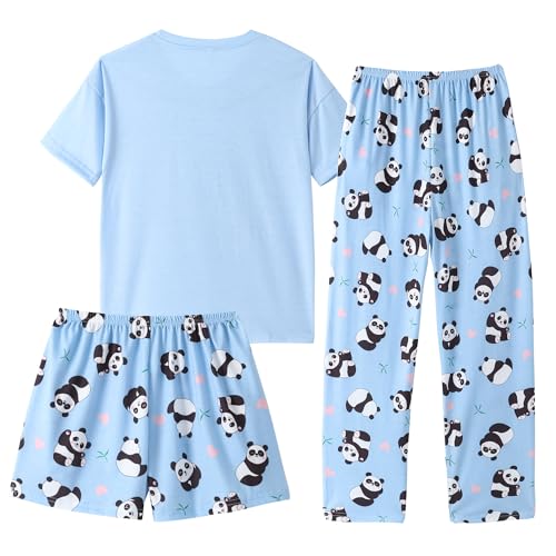 Kids Girls Pajama Sets Summer Short Sleeve With Shorts And Pants 3PCS Sleepwear Cute Cartoon Loungewear 6 to 17 Years2
