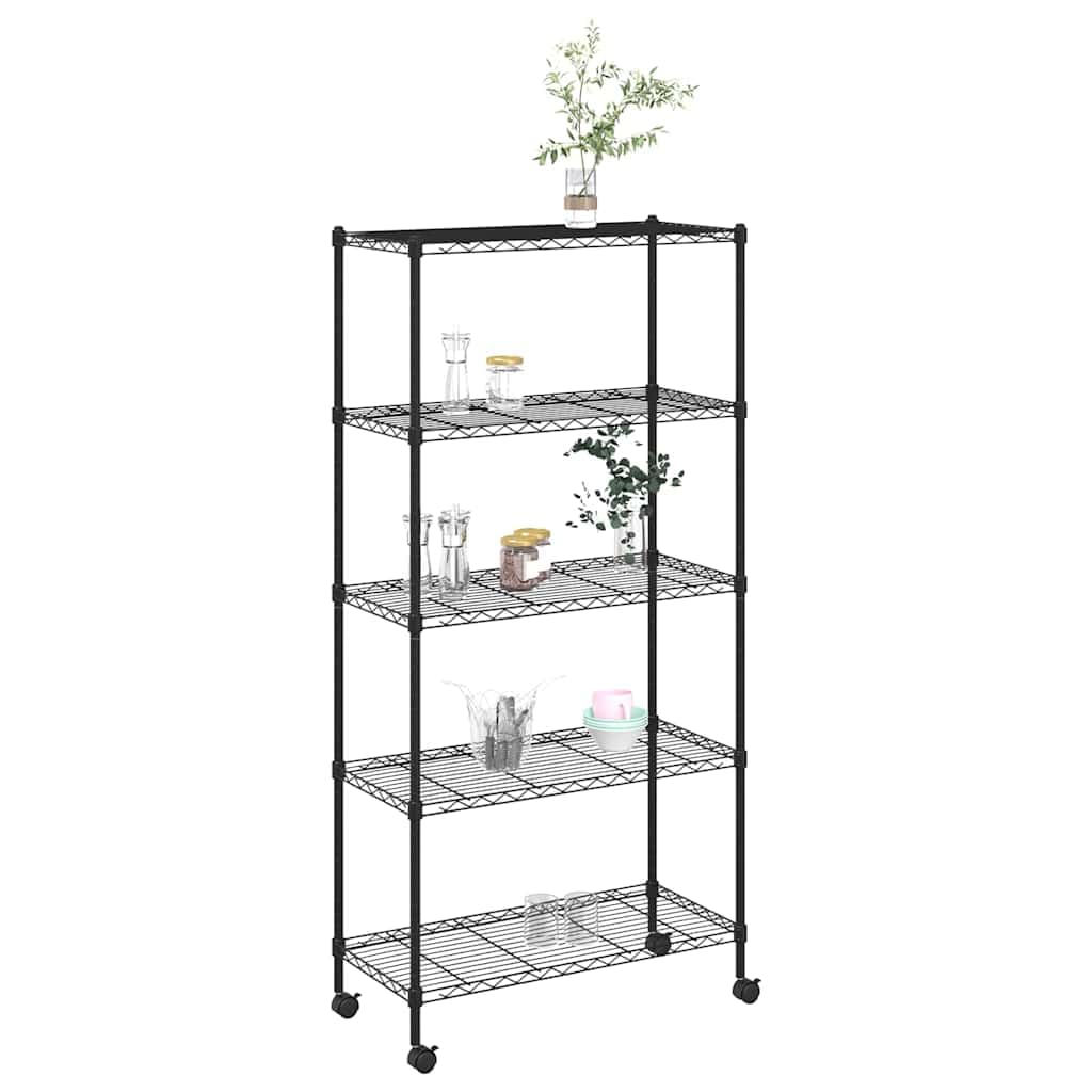 Scaffale in ferro nero con ripiani a griglia e 4 ruote, versatile per cucina, bagno, ufficio, cantina o officina