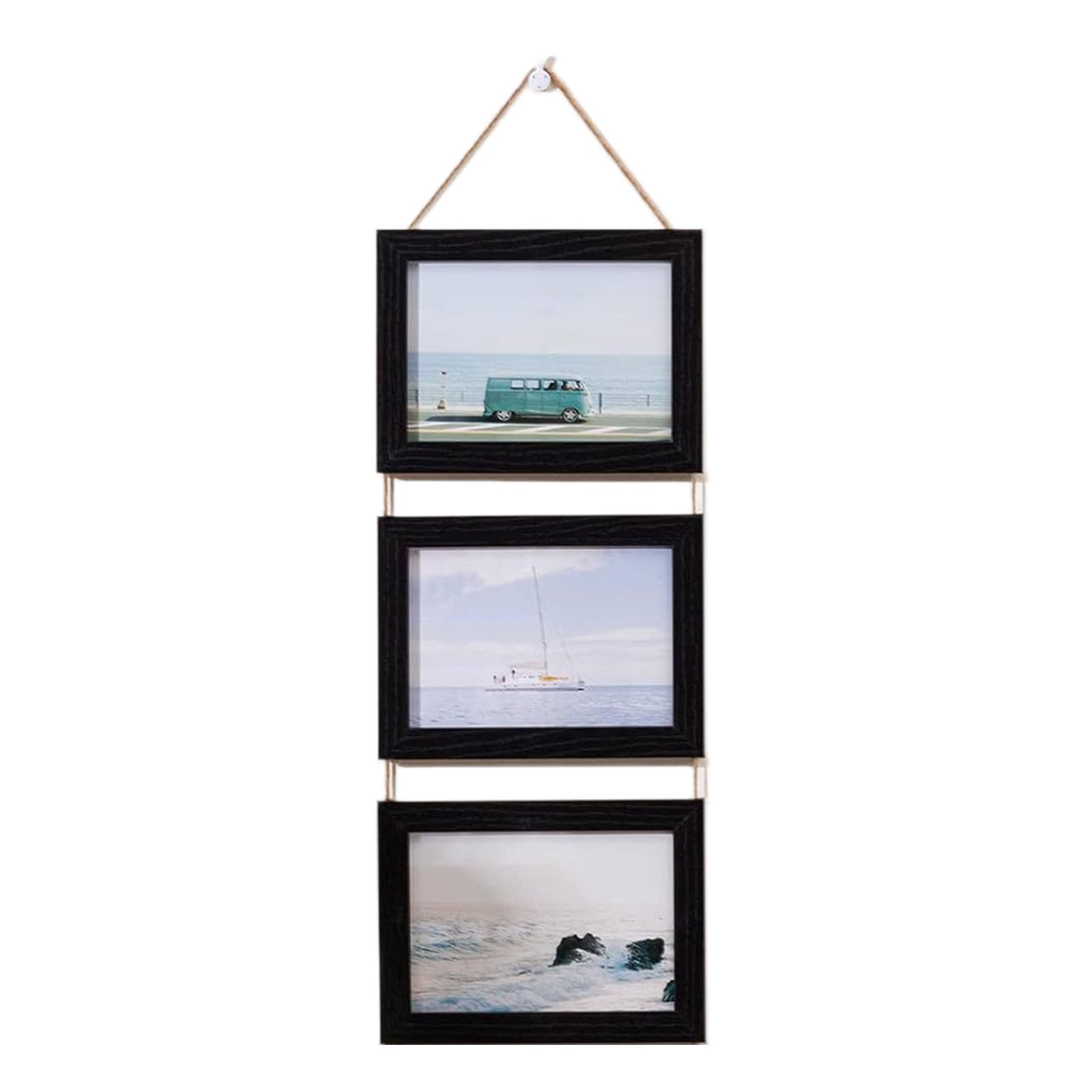 PANGBOER Hanging Collage Picture Frames Wall Decors, 3 Opening Rustics Wood Frame with Rope Wood Multi Picture Frames Gifts Collage Wall Decor