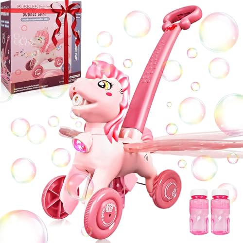 Pink Bubble Machine Blower Maker Lawn Mower Walking Toy Christmas Basket Stuffers Outdoor Summer Girls Kids Toddler 1st Birthday Best Gift for 1 2 3 Year Old Unique Cute Valentines Day Unicorn Gifts