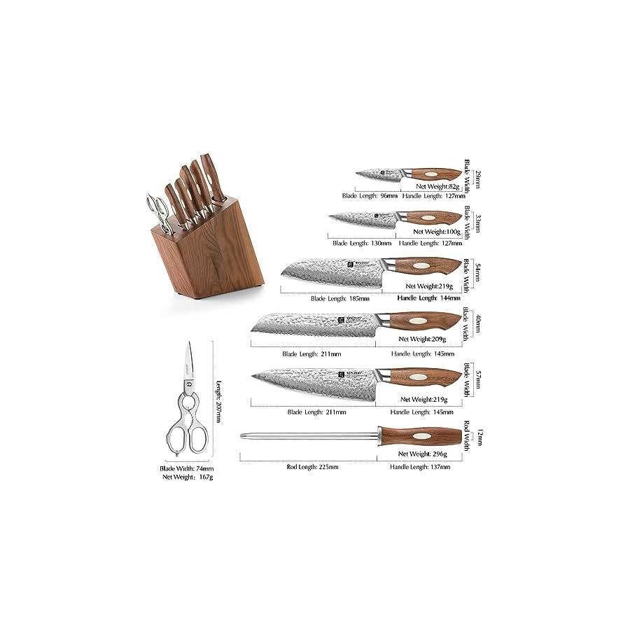 XINZUO 8 Piece Damascus Kitchen Knife Set with Block and Sharpener, Japanese AUS-10 Professional Chef Knife Set with Multifunctional Kitchen Scissors,Black Walnut Wood Handle,Exquisite Box Package