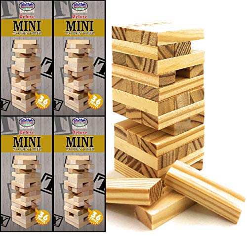 Matty's Toy Stop Mini Wooden Tower 36 Piece Stacking Game (4.25') Gift Set Party Favor Bundle - 4 Pack