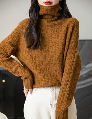 Women's 100% Merino Wool Turtleneck Sweater 2025 Fall Winter Casual Long Sleeve Warm Soft Cable Knitted Sweater4