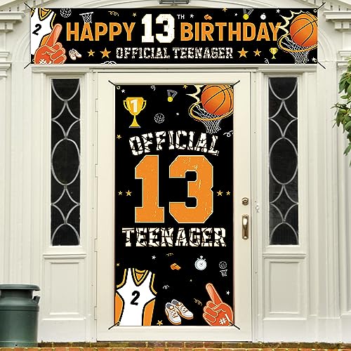 HTDZZI 13th Birthday Decorations Kit, Happy 13th Birthday Decoration for Boys, Official Teenager 13 Year Old Birthday Party Door Backdrop Banner Yard Sign Photo Props, Basketball Theme, Fabric