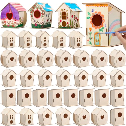 DoubleFill 12 Pcs Bulk Wooden Bird Houses Kits for Kids DIY Crafts and Arts Unfinished Wood Birdhouse to Paint Birthday Gifts for Easter Crafts Class Parties, 4 Styles