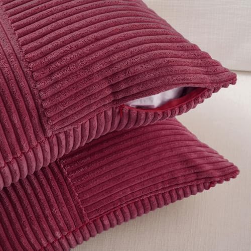 Image of Fancy Homi 2 Packs Burgundy Samll Decorative Throw Pillow Covers 14x14 Inch with for Couch Bed Sofa, Rustic Farmhouse Boho Home Decor, Soft Corss Patchwork Corduroy Square Cushion Case 35x35 cm