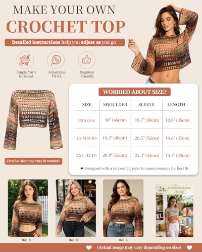 Image of Aeelike Beginner Crochet Kit for Adults, Crochets Set w Ombre Cotton Yarn & Step-by-Step Video Tutorials, Boho Coverup Sweater Mesh Top for Women Ideal DIY Gift Crochet Kit for Beginners,Boho Brown