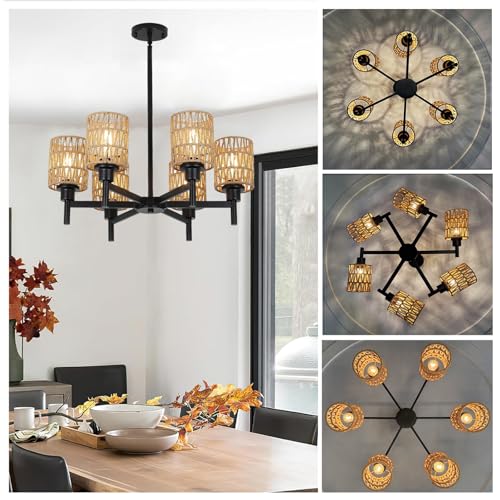 YNDD Suspension Luminaire Rotin Salon 6 Flammes, Lustre Cuisine Noir Vintage Hauteur Réglable Ø 63cm Lampe Suspendue Salle à Manger Bohème E27 Campagne...