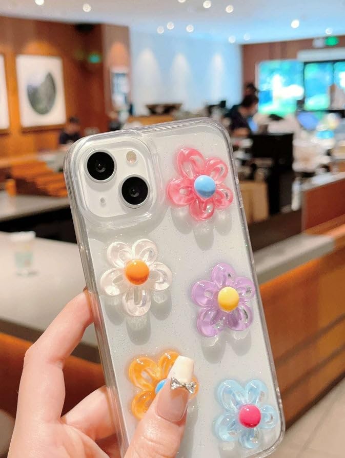 Image of COVERLY for iPhone 12 Pro 3D Luxury Pink Flower Resin Phone Case,Trendy Translucent Cute Hard Epoxy Art Crystal Clear -Non Yellowing Love Heart Embossed Pearl Princess Cover for Apple iPhone 12 Pro