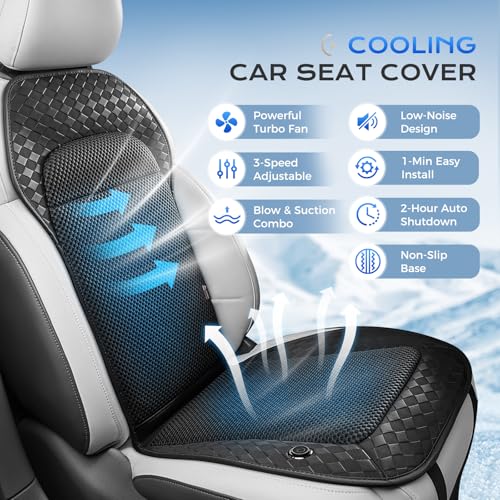 Image of Coverado Cooling Car Seat Cushion, Ventilated Seat Cover with 8 Turbo Fans, 12V-24V Dual Blowing & Suction, 3-Speed Adjustable Cooling Pad, Universal Fit for Cars, SUVs, Trucks & Vans, Black