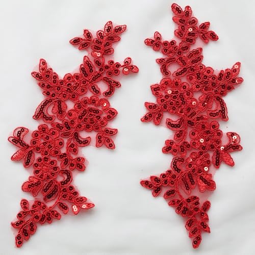 BIHILGRNT 2 PCS Floral Lace Applique Patches Sew On Embroidery Appliques for Dress Corset Bridal Gown Costume DIY Clothing & Wedding Dress Decoration Black White Red (Red)