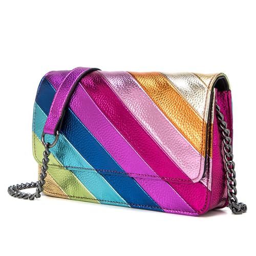 Rejolly Rainbow Stripe Crossbody Shoulder Bag for Women Color Blocking PU Leather Colourful Flap Purse with Chain Strap Multicoloured