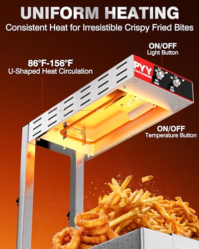 Image of PYY French Fry Warmer - Commercial Food Heat Lamp Chip Warmer, Adjustable Height 15.4 inch-18.5 inch Food Warmer Temp 86F-156F Countertop Freestanding Food Truck Restaurant Buffet