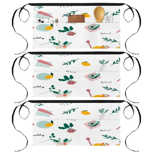 Tabliers courts lot de 3 avec 3 poches pour cuisine et bistrot
