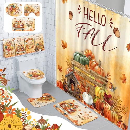 Tranqun 8 Pcs Hello Fall Shower Curtain Set Autumn Harvest Bathroom Decor Pumpkin Sunflower Truck Waterproof Shower Curtain Towels Non Slip Rug Toilet Lid Cover Bath Mat with 12 Hooks for Home Decor