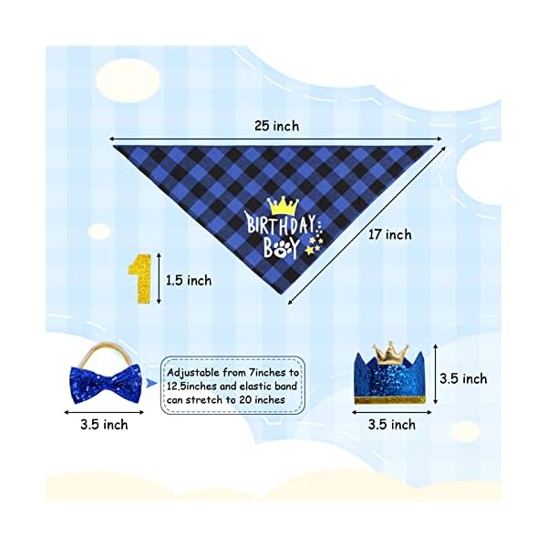 Dog birthday party supplies, boy dog birthday bandana set with cute dog bow tie, crown hat with numbers for small medium large dogs, blue dog birthday outfit (blue) - image 3