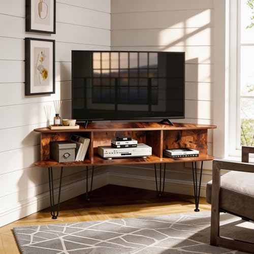 Ciao Stilista Corner TV Stand for 50 Inch TV, Entertainment Center with Storage Cabinet, Industrial Media Console Table with High Metal Feet and Anti-Slip Pads, Corner TV Stand for Living Room, Brown