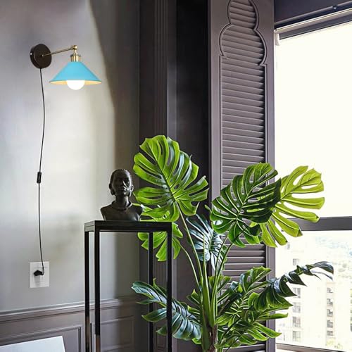 Image of ANYE Wall Sconce UL Plug-in Cord Bronze E26 Base Retro Minimalist Style Macaron Blue Iron Shade Wall Light Fixture for Cabinet Kitchen Hotel Bulb Sold Separately