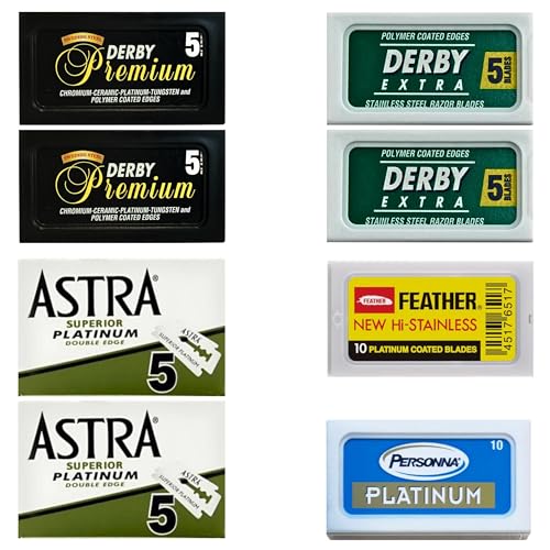 ABS American Beauty Supply Double Edge Safety Razor Blades Sampler Pack for Men-Includes 4 Top Global Brands: Feather Astra Personna Derby-Comfortable Shaving –Fits All Double Edge Safety Razors (50)