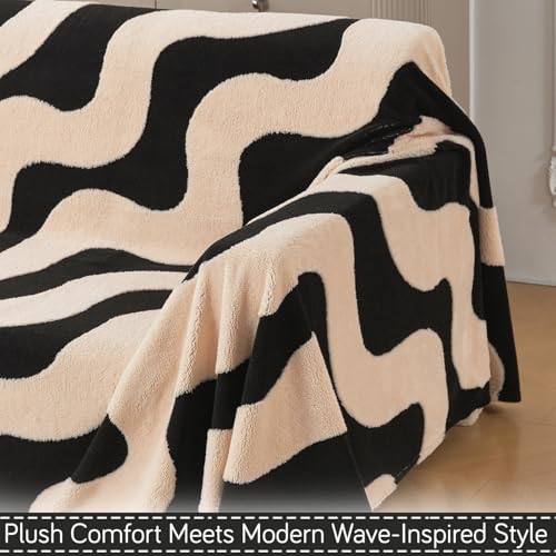 Image of HOKIPO Plush Sherpa Sofa Cover for 2 Seater Sofa | Thick Cozy Washable Sofa Throw | Full Protection Sofa Cover, 'Noirea Series' Wavy Stripe (180x250 cm) (AR-6652-D3)