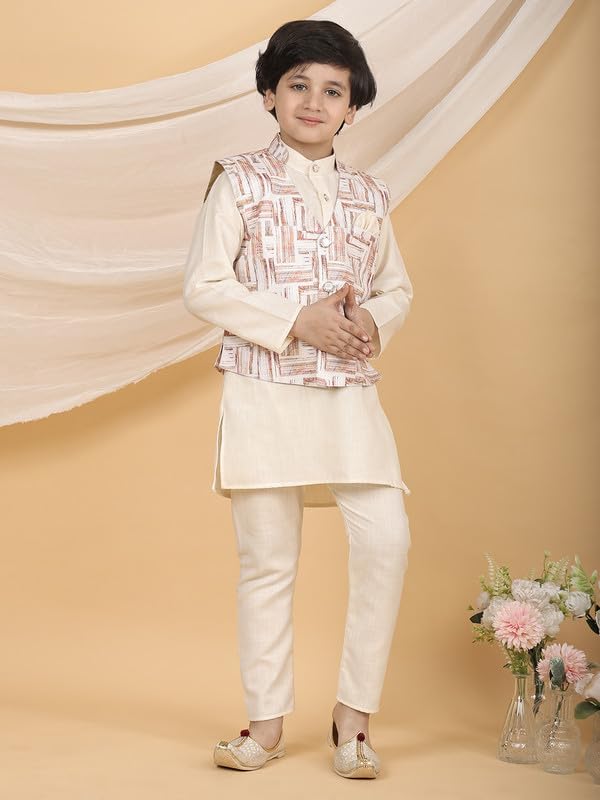 Image of superminis Boys Cotton Printed Full Sleeves Kurta Pyjama with Jacket Ethnic Wear Set