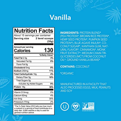 Image of ALOHA Organic Plant Based Protein Powder, Stevia Free, Vanilla, 19.6 oz, 15 Servings PACKAGING MAY VARY