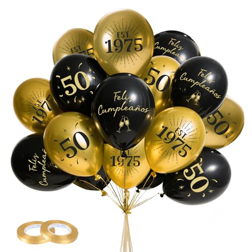 24 unidades balões de 50 anos espanhol 1975-2025 feliz aniversário Photocall ouro preto para decoração de festa