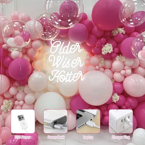 Image of White Older Wiser Hotter Neon Sign Happy Birthday Funny Neon Light for Men Women Birthday Party Decorations Backdrop Lights Sign Birthday Gift