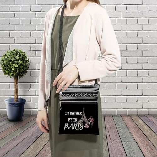 I'd Rather Be In Paris Black Messenger Bag Small Ethnic Pattern Printed Adjustable Strap Crossbody Zipper Bag Paris Travel Phone Bag Wallet Shoulder Handbag Present for Women3